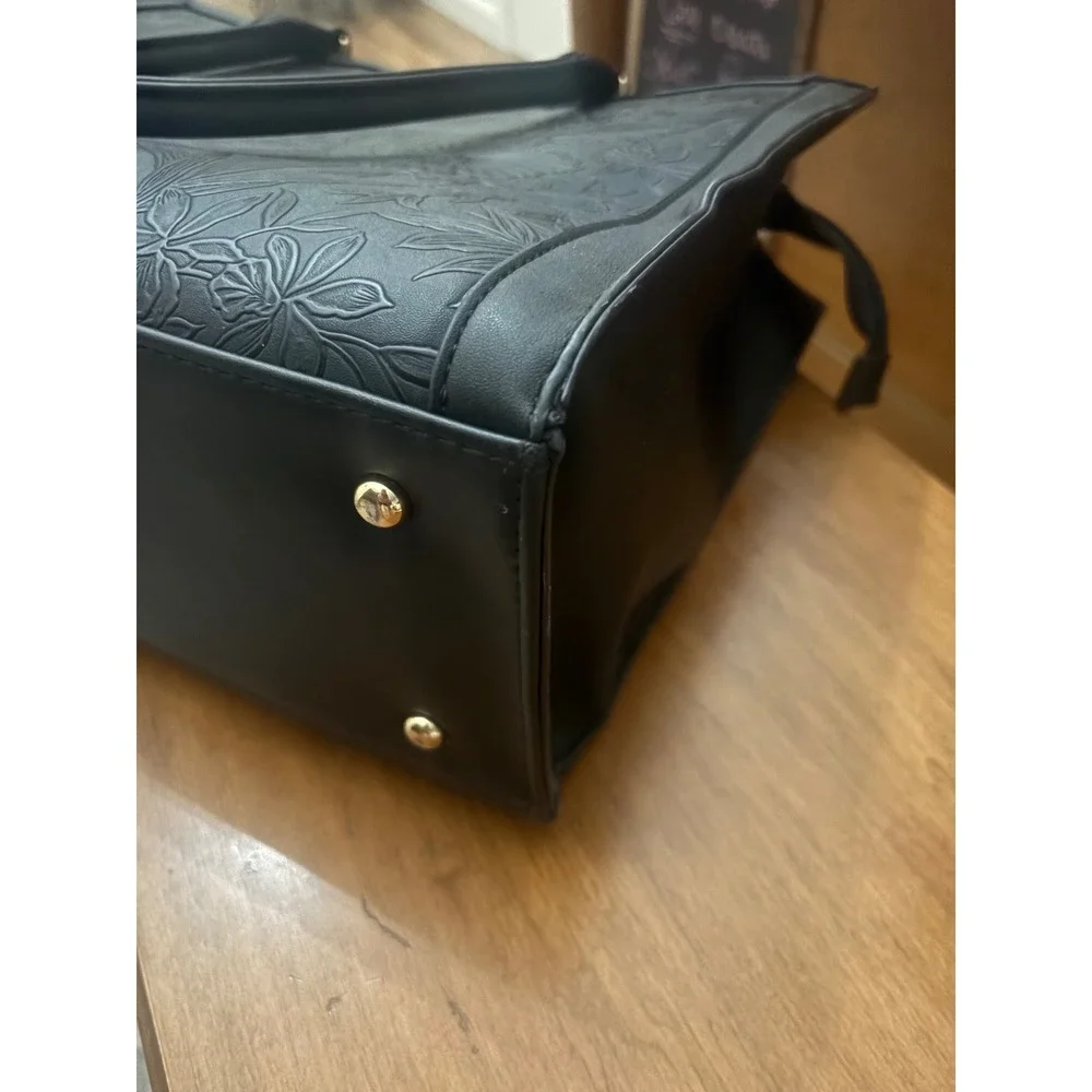 Floral Embossed Laptop‎ Tote Bag Women Black Faux Leather Professional Work Chic